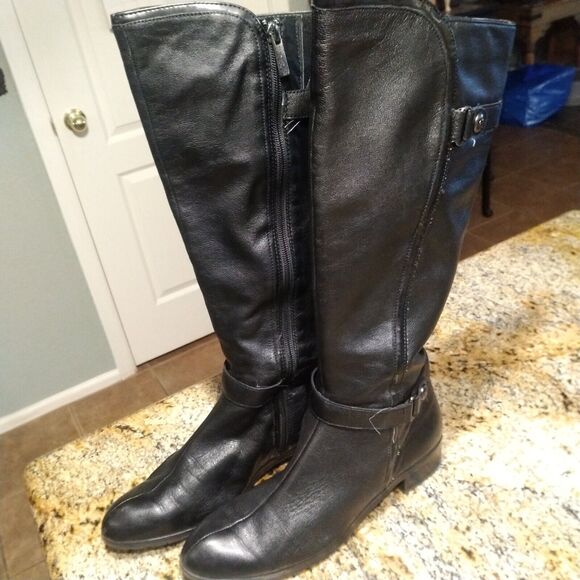 Circa Joan & David Knee High Black Leather Riding Boots Zip Up Women's Sz 8.5 M - Picture 1 of 14